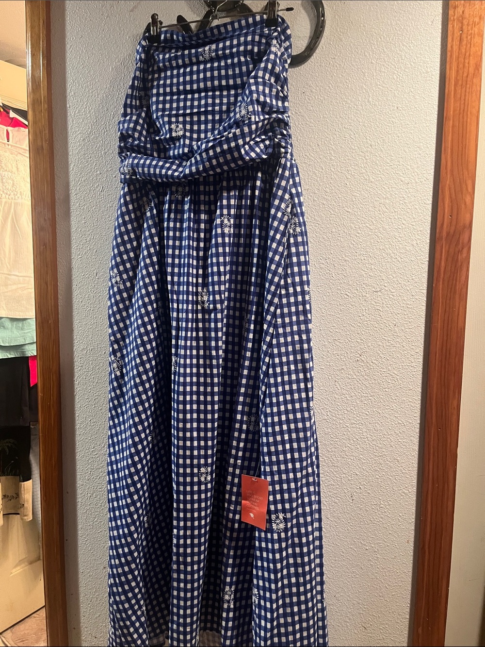 Santoni Blue and White Gingham Strapless Maxi Dress